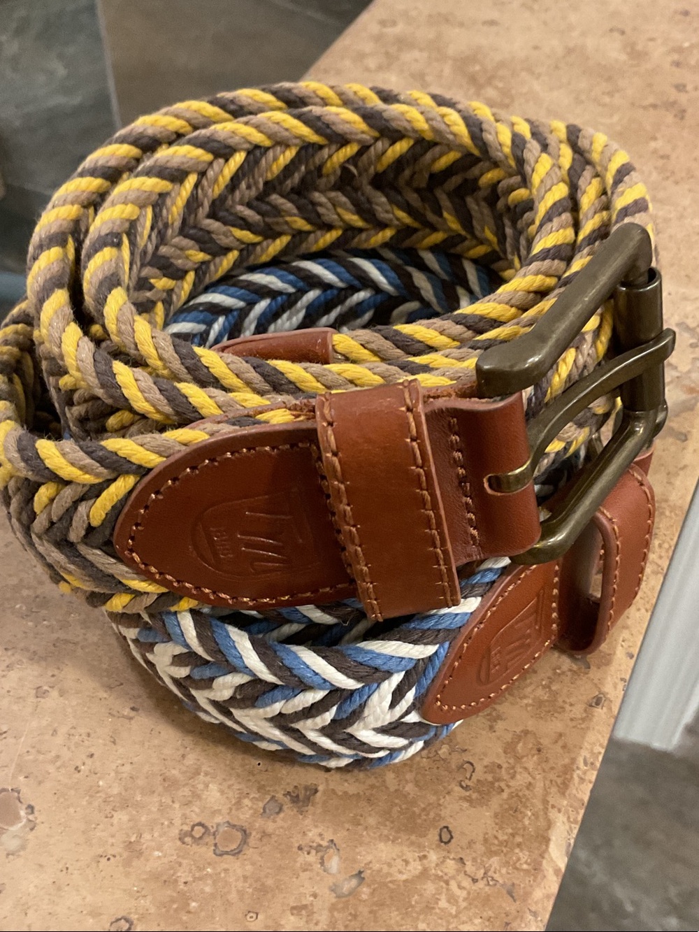 Set of 2 Woven Braided Leather Trim Belt - Yellow-Gray, Blue-White Unbranded
